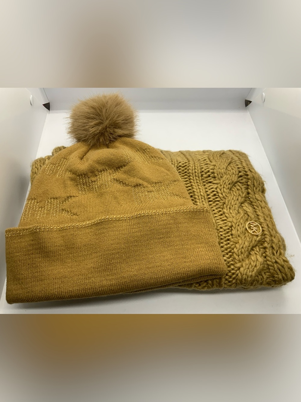Michael Kors Mustard Pom Beanie and Cable Knit Scarf Set